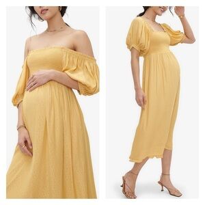 HATCH Elia Yellow Puff Sleeve Maternity Smocked Midi Dress Large NWT